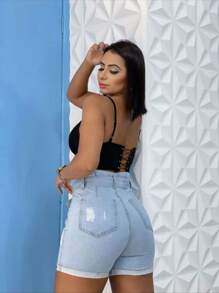 Women Denim Shorts - 淺色水洗藍 - 查看 2