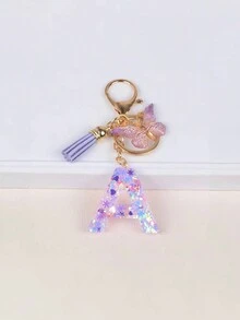 1pc Unique Purple Butterfly Tassel Snowflake Glitter Keychain With First Letter Charm, Summer Cool Gift For Friends - Mauve Purple - View 27