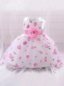 女婴玫瑰印花网纱可爱生日派对连衣裙，适合花童、婚礼、宴会等场合（不含头饰） - 白色 - 查看 5