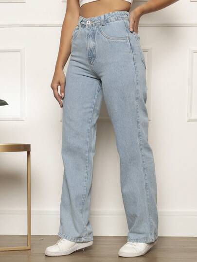 Calça Wide Leg Jeans Feminina Cintura Alta Tecido Grosso Sem Elastano Sofisticada Premium Promoção