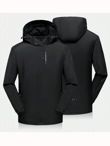 Men Loose Hooded Long Sleeve Letter Print Windbreaker Jacket - Black - View 2