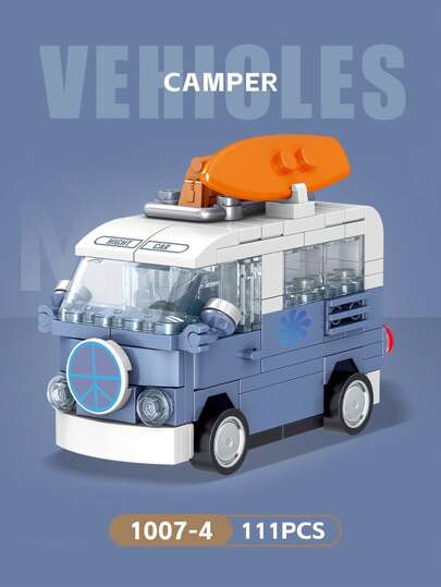 Summer Camping Car, Vintage Racing Sightseeing Bus Micro Building Brick Party Gift Room Decoration