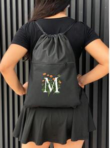 Mochila Saco Corda LETRA M Academia Esportiva Gym Bag Fitness Unissex Cordão Preto Sack Outline Nylon Resistente Sacochila - Preto - Visão 1