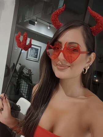 2/3 piezas Gafas con forma de corazón con cuernos de diablo, diadema y tridente - Accesorios de disfraz de bruja diablo para fiestas de graduación de Halloween