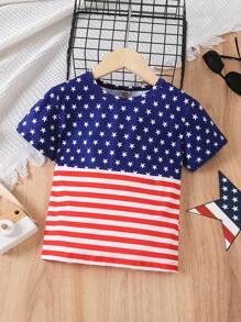 美國國旗印花和條紋拼接的男童夏季T卹，日和總統日T卹，色塊拼接設計，高品質兒童服裝，節日禮物，生日禮物 - 藍色 - 查看 1