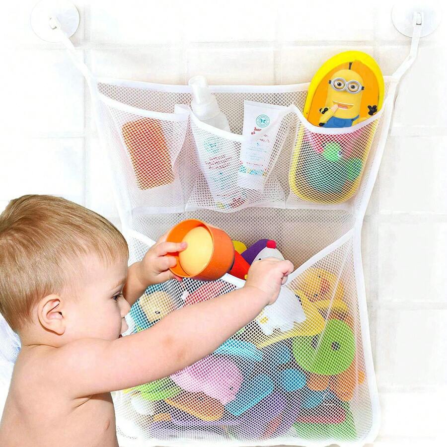 1入組網狀浴玩具收納袋 + 2入組強力掛鉤-浴缸用品收納架兼浴室或淋浴用品放置架-這些多用途網狀袋便於存放嬰兒浴玩具 - 粉色 - 查看 1