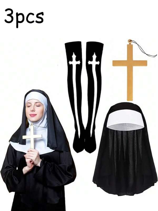 Set de 3 piezas de accesorios de disfraz sexy de monja, sombrero de monja negro + cruz + medias con cruz, ideal para fiestas de disfraces y decoración, adecuado para festivales importantes y regalos pequeños