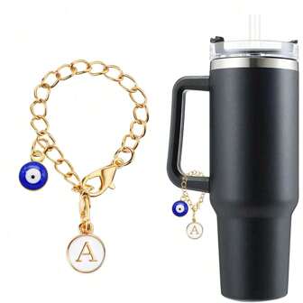 新款魔鬼之眼字母吊飾附帶吸管蓋，可在杯子上標記名字、識別號、字母手柄和個性化飾品，適用於30和40盎司杯子的識別字母吊飾鍊（惡魔之眼）