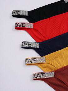 Conjunto de 5 piezas de ropa interior para mujer con patrón de letra incrustada con diamantes de imitación en forma triangular y cinturón para deportes
