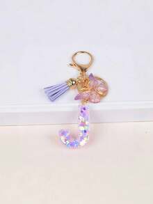 1pc Unique Purple Butterfly Tassel Snowflake Glitter Keychain With First Letter Charm, Summer Cool Gift For Friends - Mauve Purple - View 14