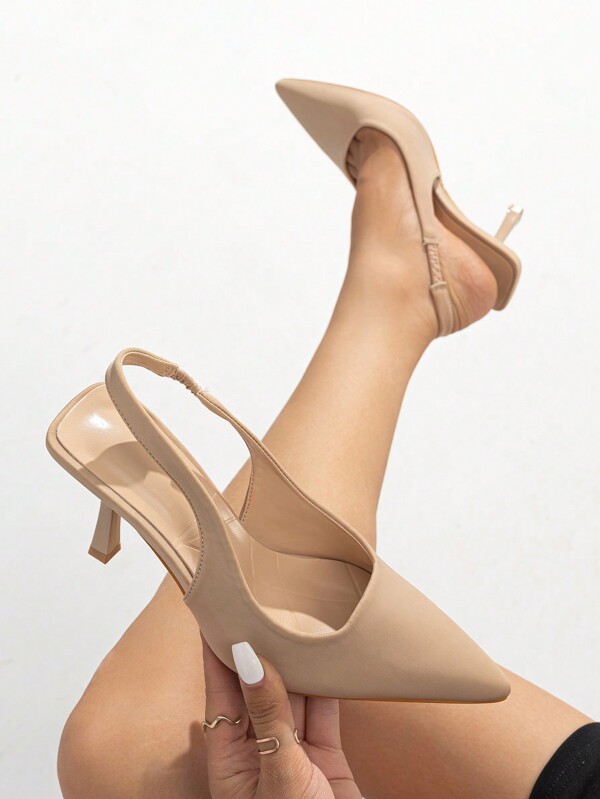 Women Nude Pointed Toe Stiletto Work Shoes, Slingback/Backless Light Pink/Beige Suede Shallow Mouth Spring/Autumn High Heeled Shoes With Fur Strap
