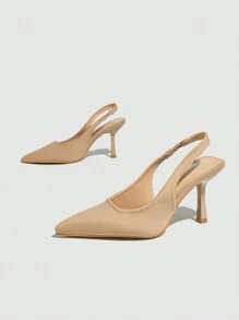 Women Nude Pointed Toe Stiletto Work Shoes, Slingback/Backless Light Pink/Beige Suede Low Vamp Spring/Autumn High Heeled Shoes With Fur Strap - Apricot - View 5