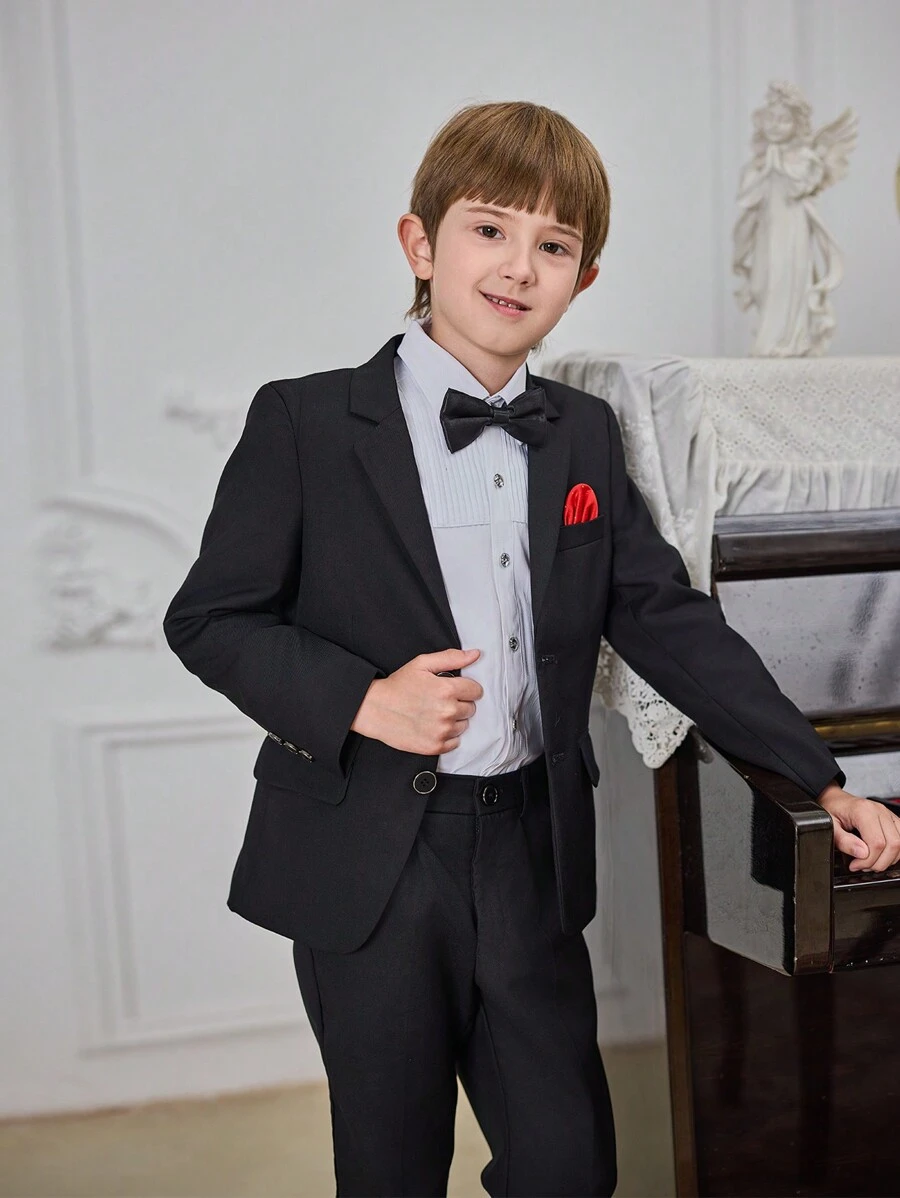 Toddler & Kids Boys Formal Suit Jacket, Tie, Uniform Outfit For Gentlemen, School Graduation Party, School Opening Season - Black - View 1