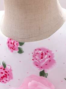 女婴玫瑰印花网纱可爱生日派对连衣裙，适合花童、婚礼、宴会等场合（不含头饰） - 白色 - 查看 6