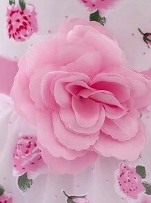 女婴玫瑰印花网纱可爱生日派对连衣裙，适合花童、婚礼、宴会等场合（不含头饰） - 白色 - 查看 10