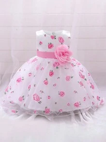 女婴玫瑰印花网纱可爱生日派对连衣裙，适合花童、婚礼、宴会等场合（不含头饰） - 白色 - 查看 2