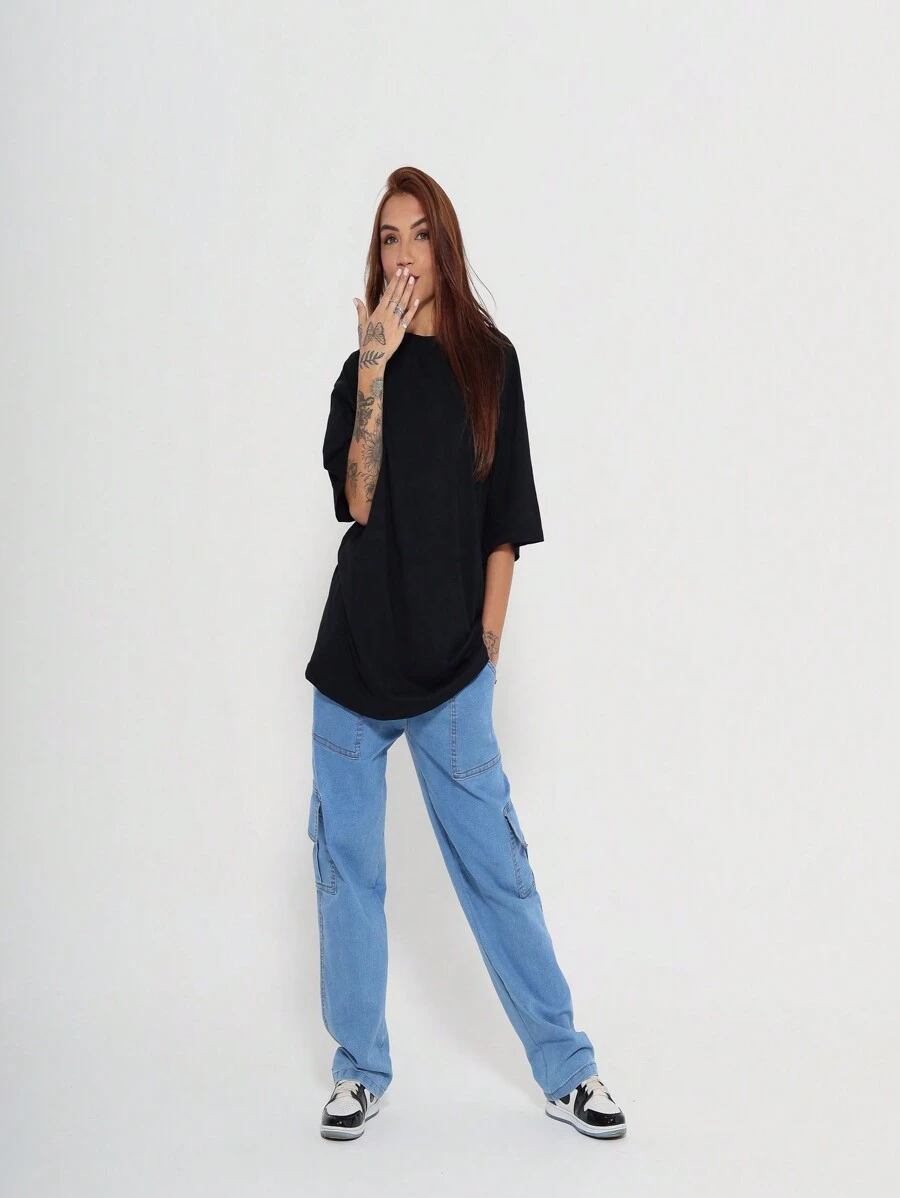 Camiseta Oversized Feminina Camisa Para Academia Treinar Streetwear Basica - Preto - Visão 1