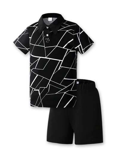 Tween Boy Summer 2pcs/Set Casual White Cracked Pattern Short Sleeve Tee & Plain Shorts Outfits