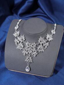 優雅的鑽石皇冠項鍊和耳環套裝，適用於女性婚禮、新娘、週年紀念日、舞會和正式派對活動 - 銀色 - 查看 4