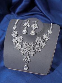 優雅的鑽石皇冠項鍊和耳環套裝，適用於女性婚禮、新娘、週年紀念日、舞會和正式派對活動 - 銀色 - 查看 5
