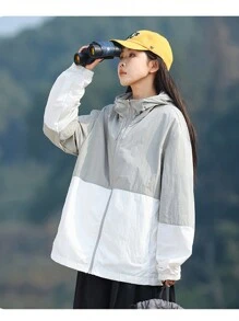 夏季运动女士 MUNZ 户外拼色宽版轻便连帽防晒夹克 - 灰色 - 查看 2