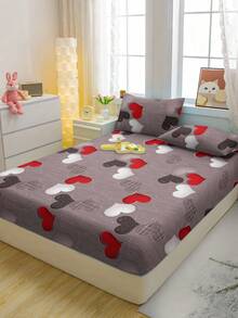 1pc  Heart Shaped And Heart Pattern Printed Brushed Fitted Sheet, Printed Bed Cover For Bedroom, Bedding Set (Pillowcase Not Included) - Multicolor - View 4