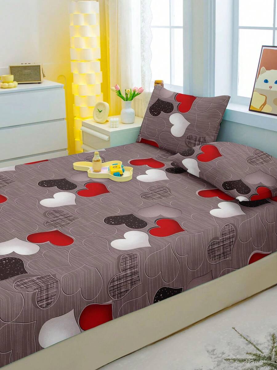 1pc Heart Shaped And Heart Pattern Printed Brushed Fitted Sheet, Printed Bed Cover For Bedroom, Bedding Set (Pillowcase Not Included) - Multicolor - View 1