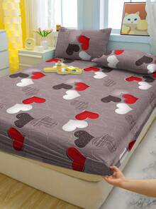 1pc  Heart Shaped And Heart Pattern Printed Brushed Fitted Sheet, Printed Bed Cover For Bedroom, Bedding Set (Pillowcase Not Included) - Multicolor - View 3