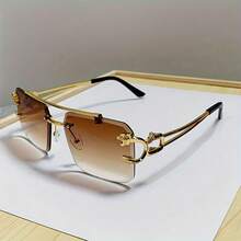 1pc Fashionable Gold-Tone Tiger Head Fashion Glasses Metal Frame Rimless Cut-Edge Shades Cool Eyewear For Men And Women - Multicolor - View 12