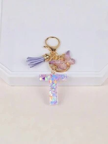 1pc Unique Purple Butterfly Tassel Snowflake Glitter Keychain With First Letter Charm, Summer Cool Gift For Friends - Mauve Purple - View 20
