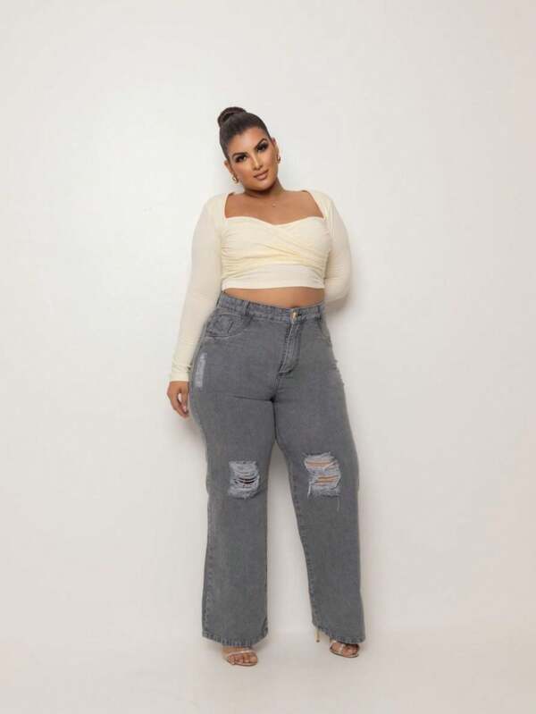 Calça Jeans Grafite Rasgadinha Plus Size Cintura Alta Pantalona