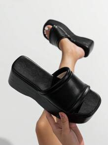 Women's Platform Wedge Open Toe Slip-On Mules, Casual Vacation Student Leather Summer Breathable High Heel Sandals - Black - View 1