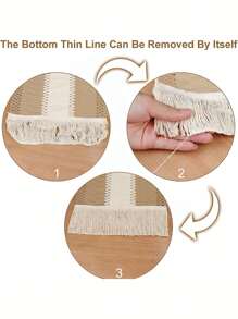 1pc Vintage Beige Tassel Decor Woven Table Runner, Polyester Kitchen Table Runner For Dining Table