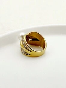 Mazuer 1入組鍍金不鏽鋼法式復古誇張閃亮豪華設計戒指，夏日海灘風格，適合女性，飾有鋯石和珍珠珠，適於約會、教師節、日常穿著和度假 - 金黃色 - 查看 3