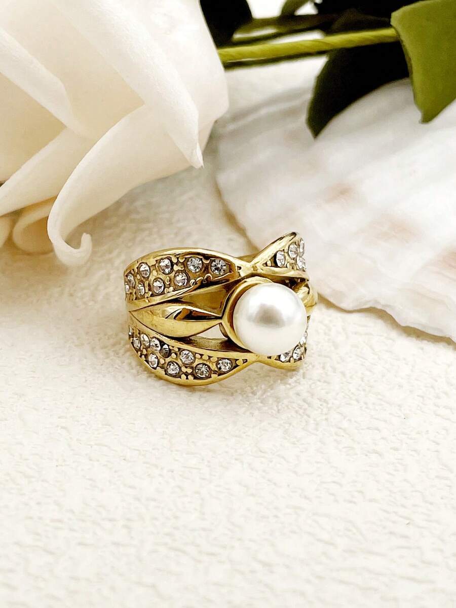 Mazuer 1入組鍍金不鏽鋼法式復古誇張閃亮豪華設計戒指，夏日海灘風格，適合女性，飾有鋯石和珍珠珠，適於約會、教師節、日常穿著和度假 - 金黃色 - 查看 1