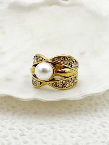 Mazuer 1入組鍍金不鏽鋼法式復古誇張閃亮豪華設計戒指，夏日海灘風格，適合女性，飾有鋯石和珍珠珠，適於約會、教師節、日常穿著和度假 - 金黃色 - 查看 6