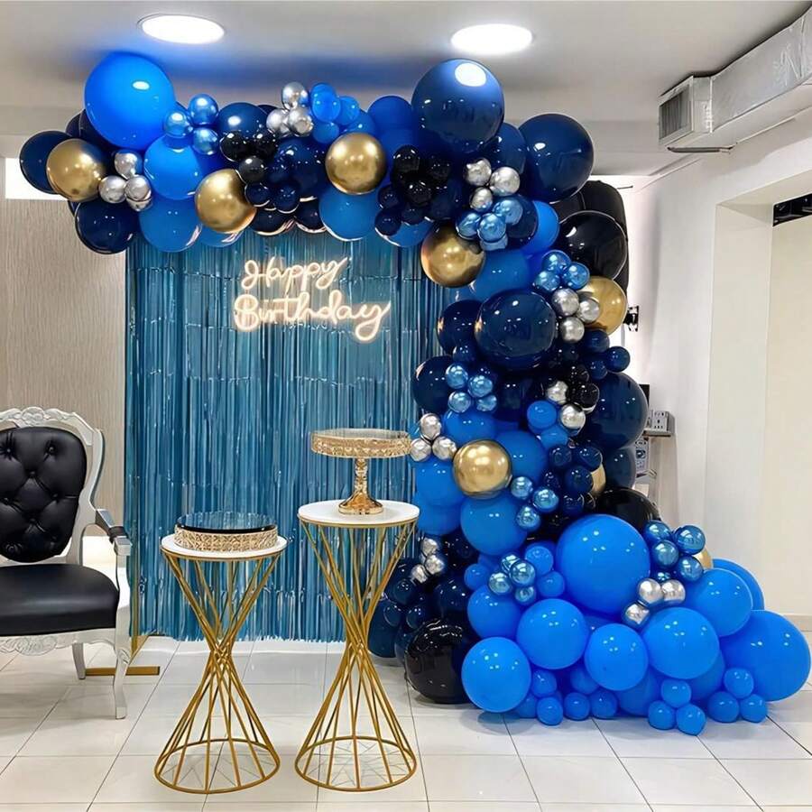 Kit de arco de guirnalda de globos Azul, Plata y Negro de 140 piezas, fondos de globos Azul marino y Oro, adecuado para fiestas de cumpleaños, temáticas o ceremonias de graduación. - Multicolor - Ver 1