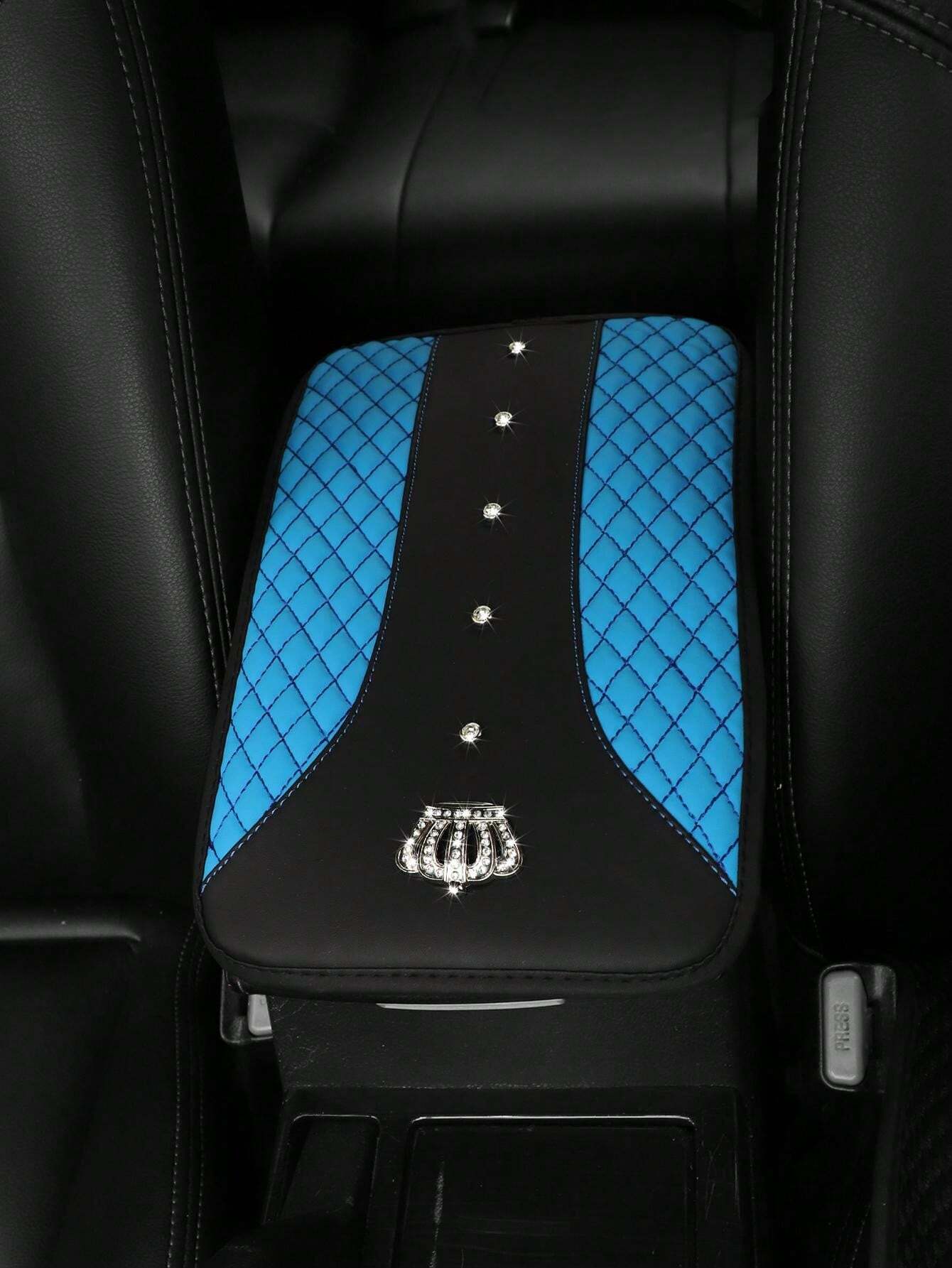 1pc Car Armrest Pad With Faux Diamond Decoration, Metal Crown, Faux