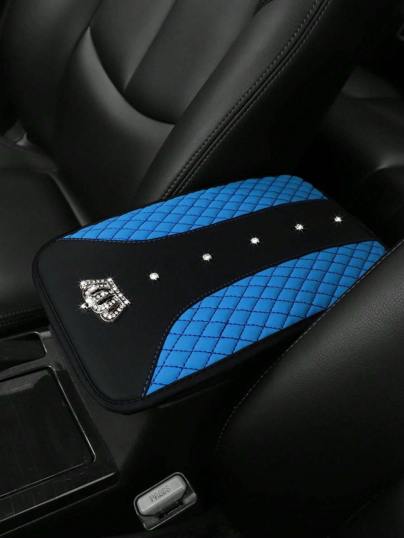 1pc Car Armrest Pad With Faux Diamond Decoration, Metal Crown, Faux