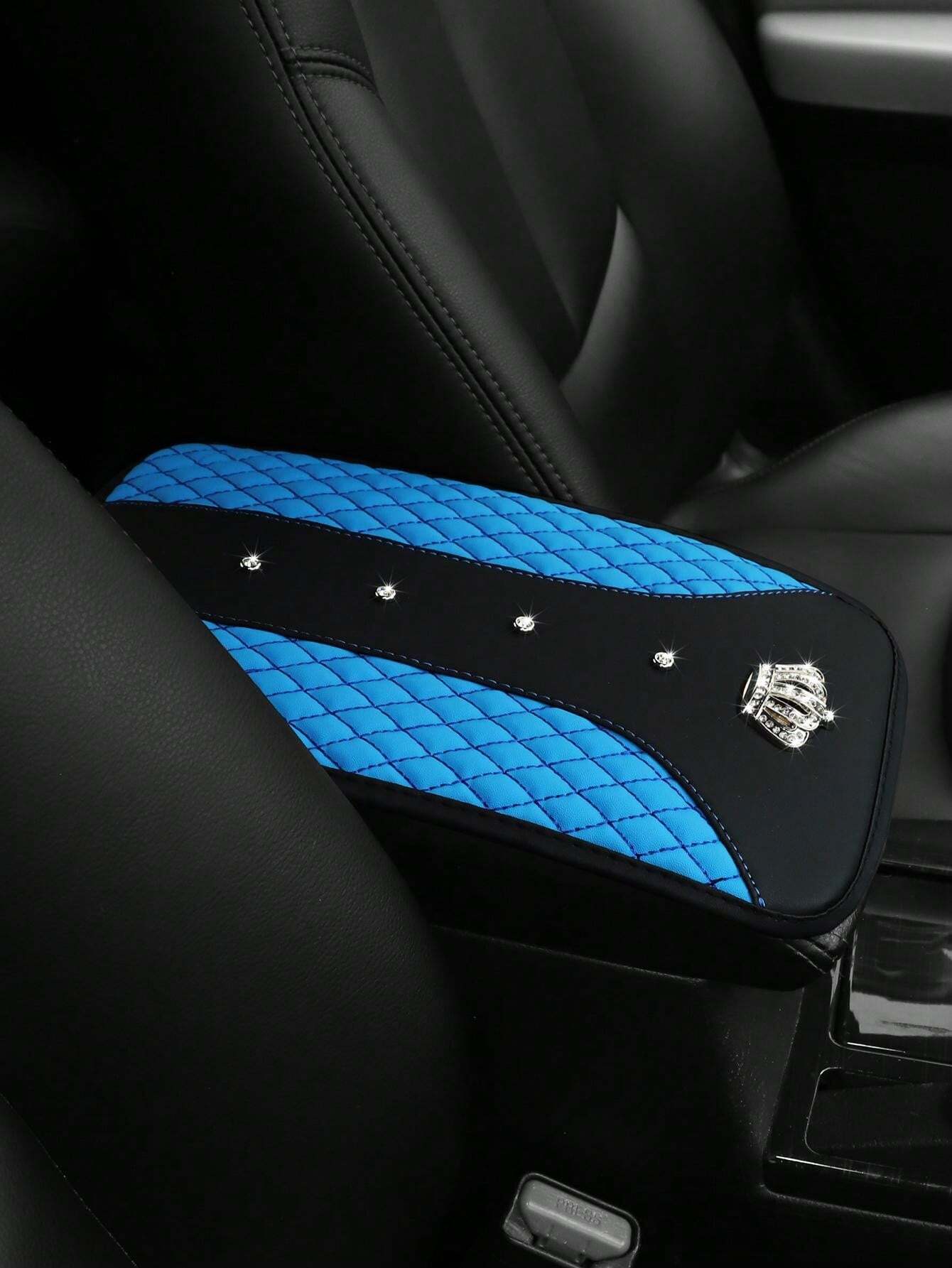 1pc Car Armrest Pad With Faux Diamond Decoration, Metal Crown, Faux