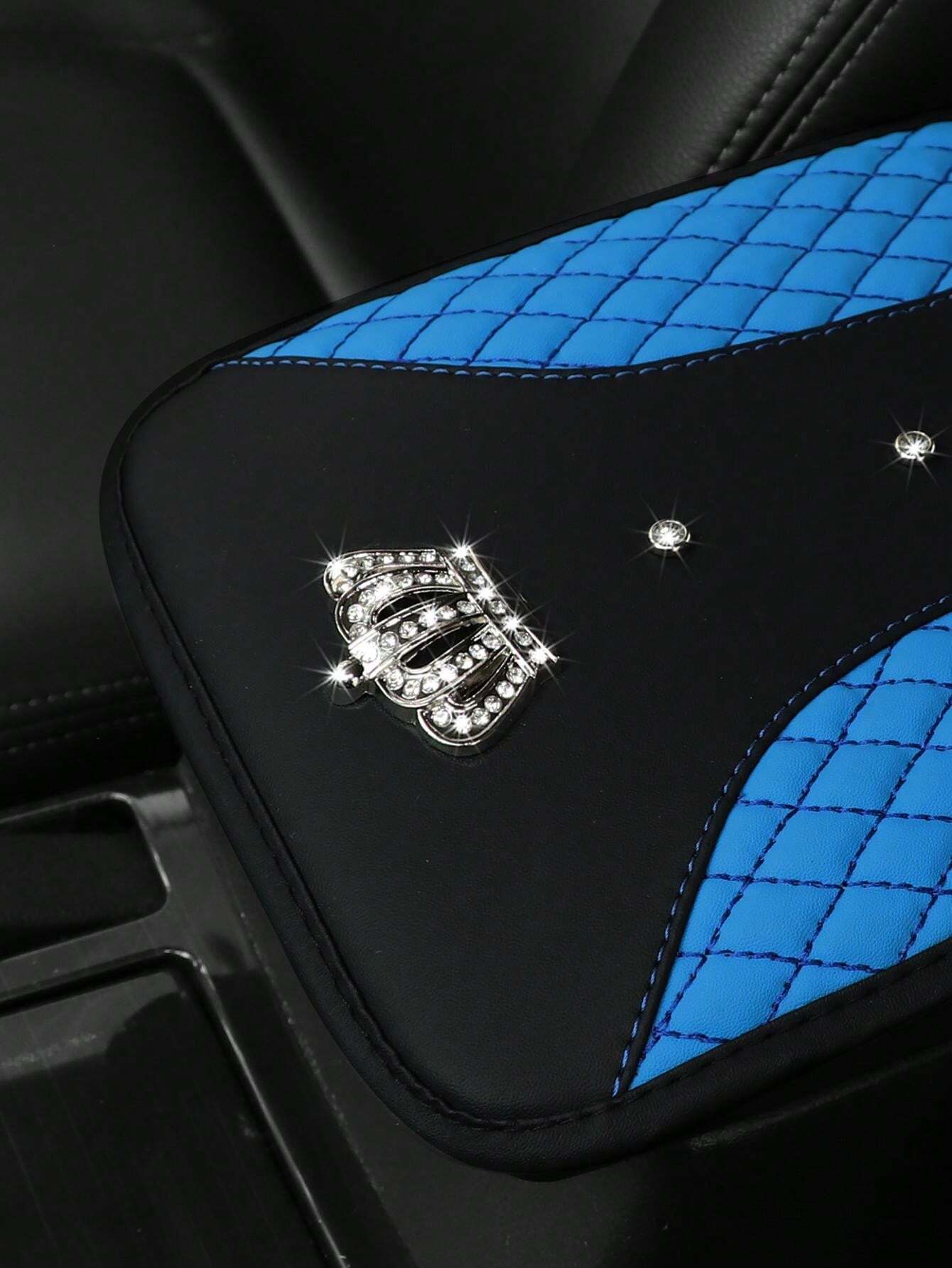 1pc Car Armrest Pad With Faux Diamond Decoration, Metal Crown, Faux