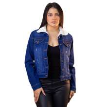 Chamarra Colombiana de Mezclilla Stretch con Forro de Borrega - Azul lavado oscuro - Ver 1