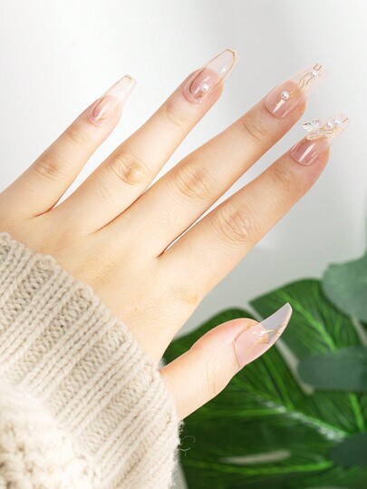 24個フルカバー ジェルネイルショートフェイクネイルセット、フランスヌードカラー、可愛い蝶の柄、ジェリーグルーとネイルファイル付属、簡単につけたり外したりできます、パーティーやダンス、デイリー用に最適