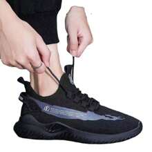 Men's Solid Color Mesh Breathable Sneakers,Fashion Casual Lightweight Tennis Shoes For Men And Women,For Running,Traveling And Daily Work - 黑色 - 查看 3