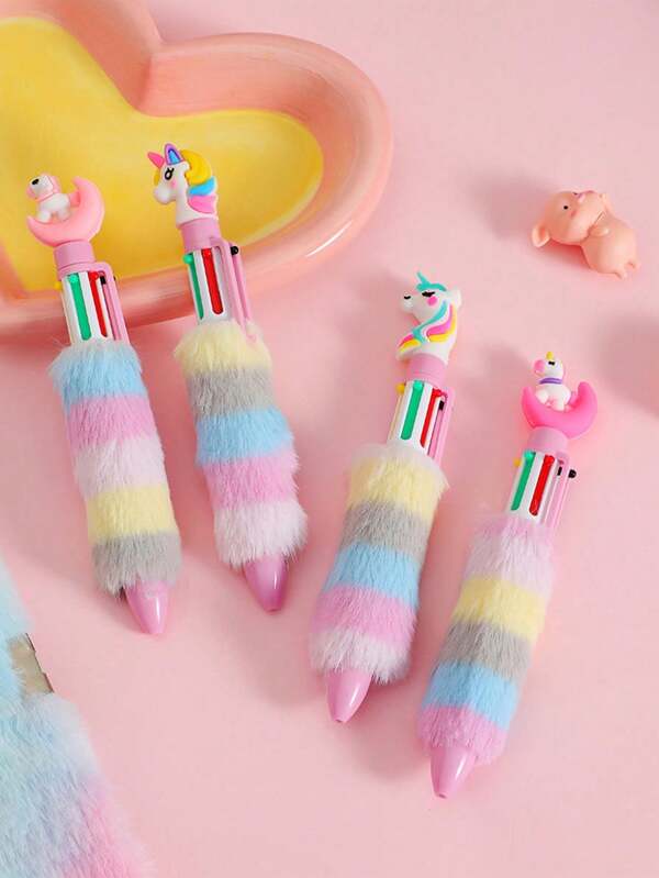 2pcs Cartoon Unicorn Plush Ballpoint Pen, With 6 Colorful Ink & Random Color(Style Random),Back To School