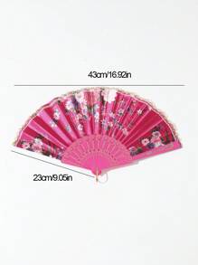 1pc Decorative Printed Fabric Fan With Gold Lace, Foldable And Portable For Dancing - Multicolor - View 3