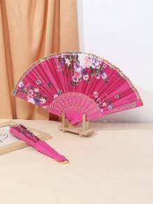 1pc Decorative Printed Fabric Fan With Gold Lace, Foldable And Portable For Dancing - Multicolor - View 7