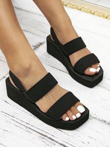 Kate Miuch Women's Classic Retro Style Four-Season Miu-Inspired Thick-Soled Wedge Heel Roman Sandals With A Sense Of High-End Style, Parisian-Style Simplicity, Romantic Open-Toe Design, And Comfortable Breathable Material. Suitable For Parties, Dinners, Sexy And Charming Fairy Style. Black Square-Toed Sandals With Woven Straw Textured Sole And Wedge Heel.