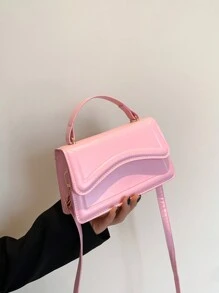 Mini Fashionable Women Handbag, New Spring/Summer Solid Color Handheld Bag With Flap Cover And Multiple Carrying Styles, Small Square Bag With Wrinkle Pattern For Casual Shoulder/Crossbody/Commute - Pink - View 2
