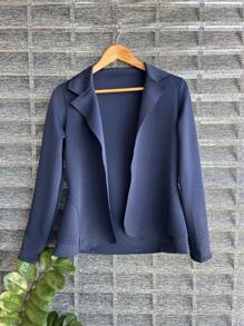 Women's Formal Blazer With Ruffle Details On The Sides, Thick Neoprene Fabric - Dusty Blue - View 1